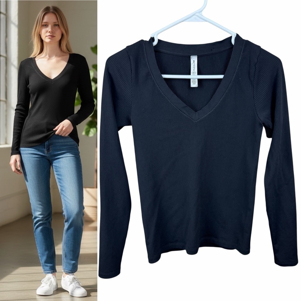 Athleta Black Ribbed V-Neck Long Sleeve Athletic Top Size Small